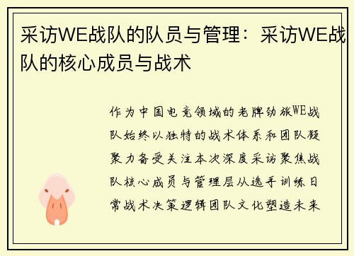 采访WE战队的队员与管理：采访WE战队的核心成员与战术